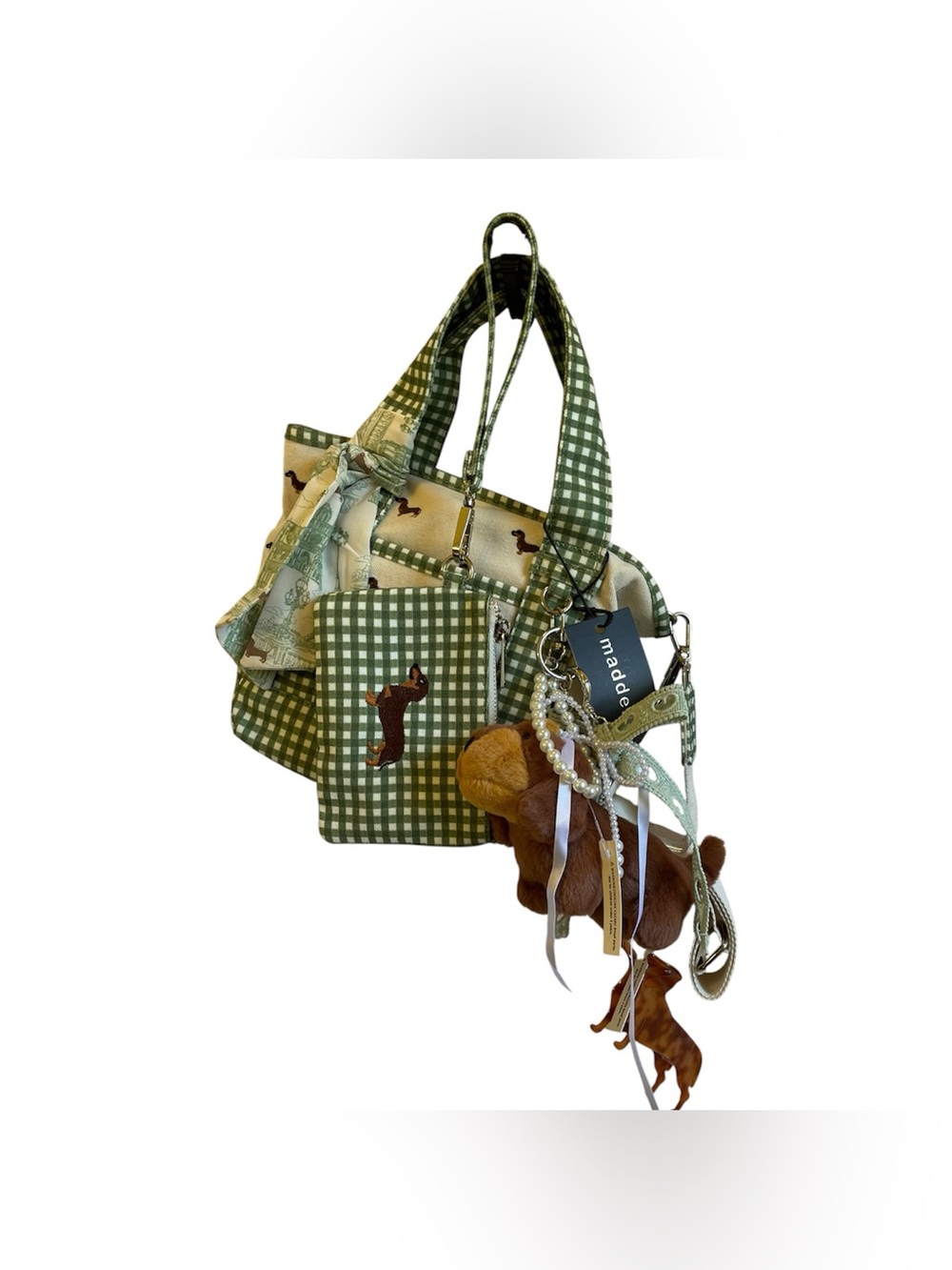 Madden Girl Green Gingham Dachshund Tote Bag w/Scarf & Charm & Hair Clip - NWT**